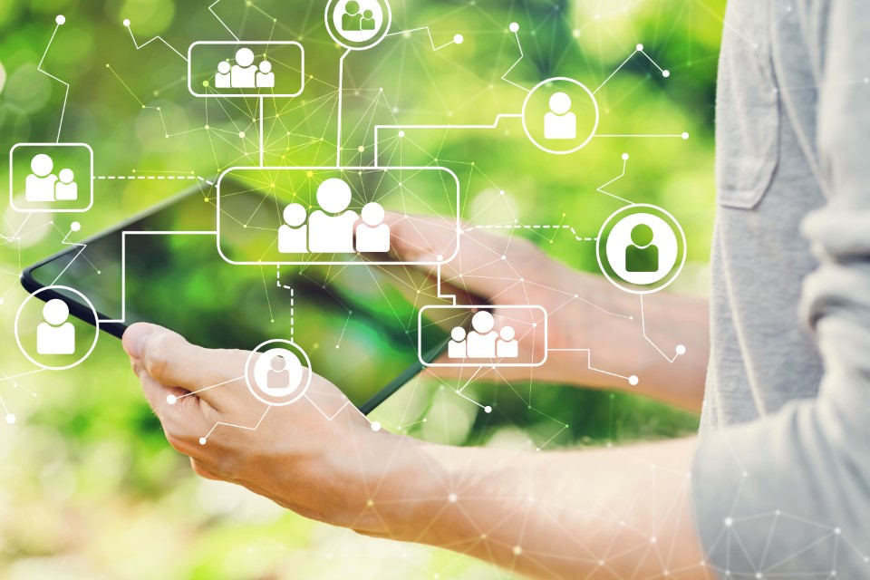 Giovane con un tablet nel verde